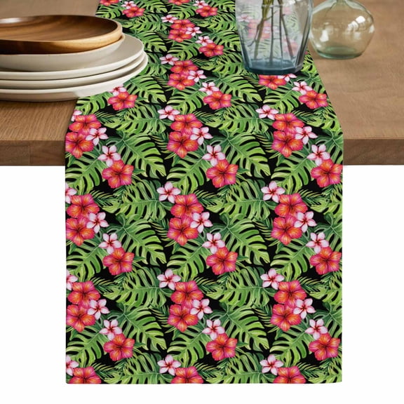 Tropical Flower Table Runner, Green Palm Leaves Pastoral Plant Summer Washable Cotton Linen Table Runners 36 Inches Long, Dresser Scarf Runner for Nightstand/End Tables/Round Tables 13''x36''