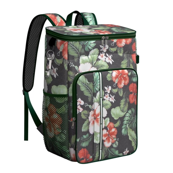 Tropical Flower and Leaves Nature Inspired Insulated Cooler Backpack - 20L Soft Cooler with Padded Straps