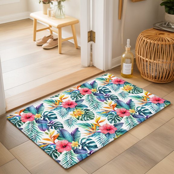Tropical Flowers 2'x3' Small Rugs for Entryway Front Door Kitchen Sink Area, Summer Exotic Botanical Red Floral Monstera Leaf Soft Sturdy Mats Washable Non Slip Rectangle Area Rug
