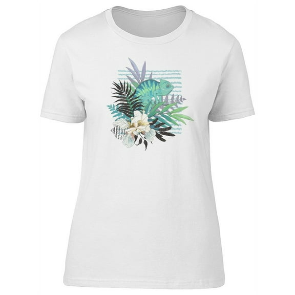 Tropical Flowers And Chameleon T-Shirt Women -Image by Shutterstock, Female Large