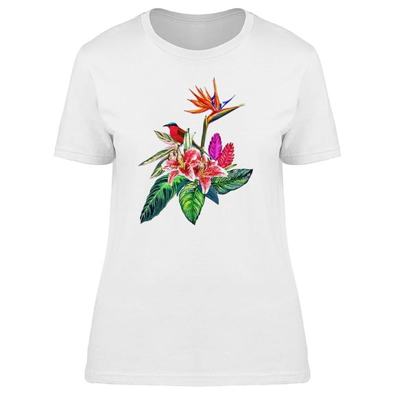 Tropical Flowers And Cute Bird T-Shirt Women -Image by Shutterstock, Female Medium