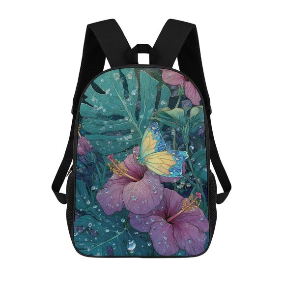 Tropical Flowers Butterfly Rain Vibrant Art Travel Backpack 17 Inch Laptop Bag Student Backpack