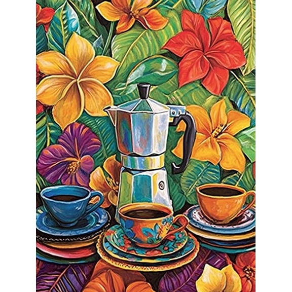 Tropical Flowers and Coffee Moka Pot Canvas Print/Wall Art Suitable for Kitchen Decor Dining Room Decor Coffee Shop Decor Breakfast Nook Decor and Cafe Decor.