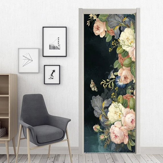 Tropical Flowers Door Sticker Palm Leaf Flower Door Decals Self Adhesive Wallpaper Watercolor Floral Poster Mural Bedroom r