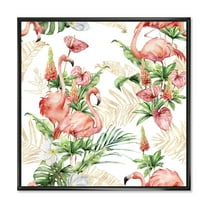 Tropical Flowers & Gold Leaves With Pink Flamingos 16 in x 16 in Framed Painting Canvas Art Print, by Designart