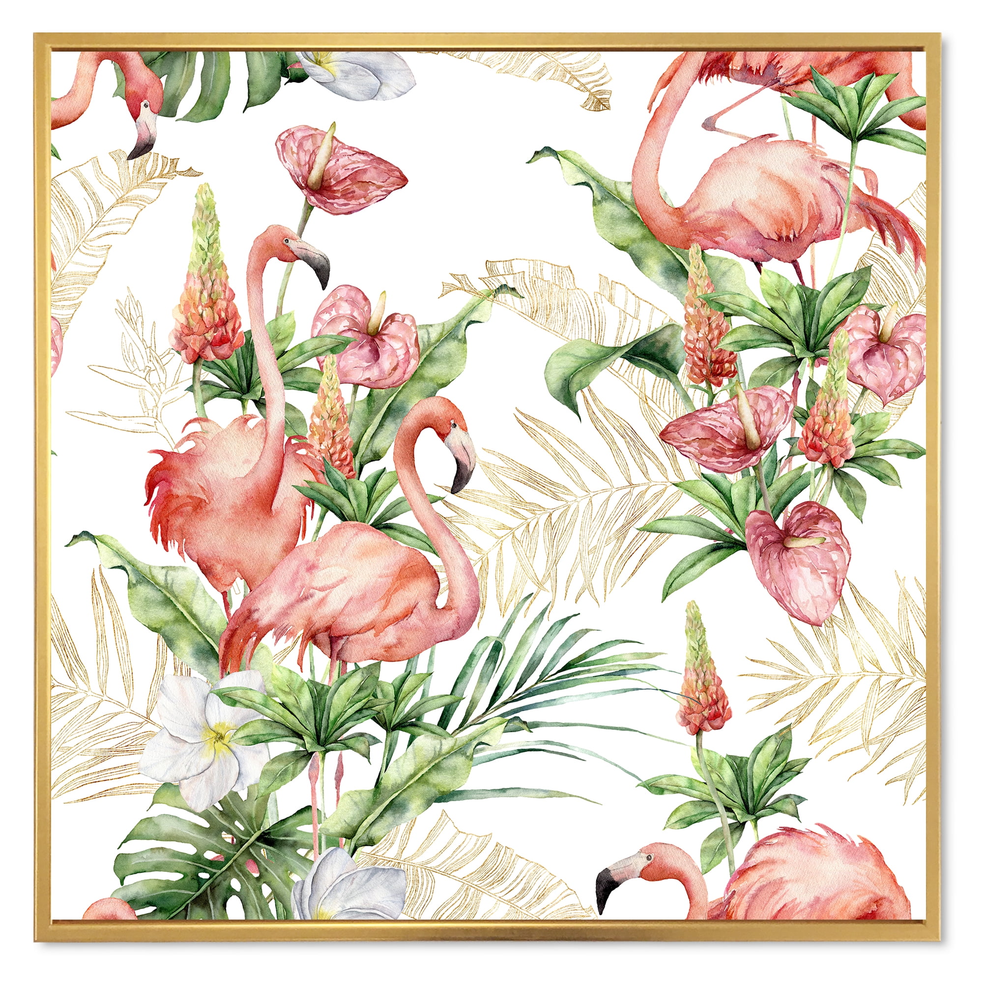 Tropical Flowers & Gold Leaves With Pink Flamingos 16 in x 16 in Framed Painting Canvas Art Print, by Designart