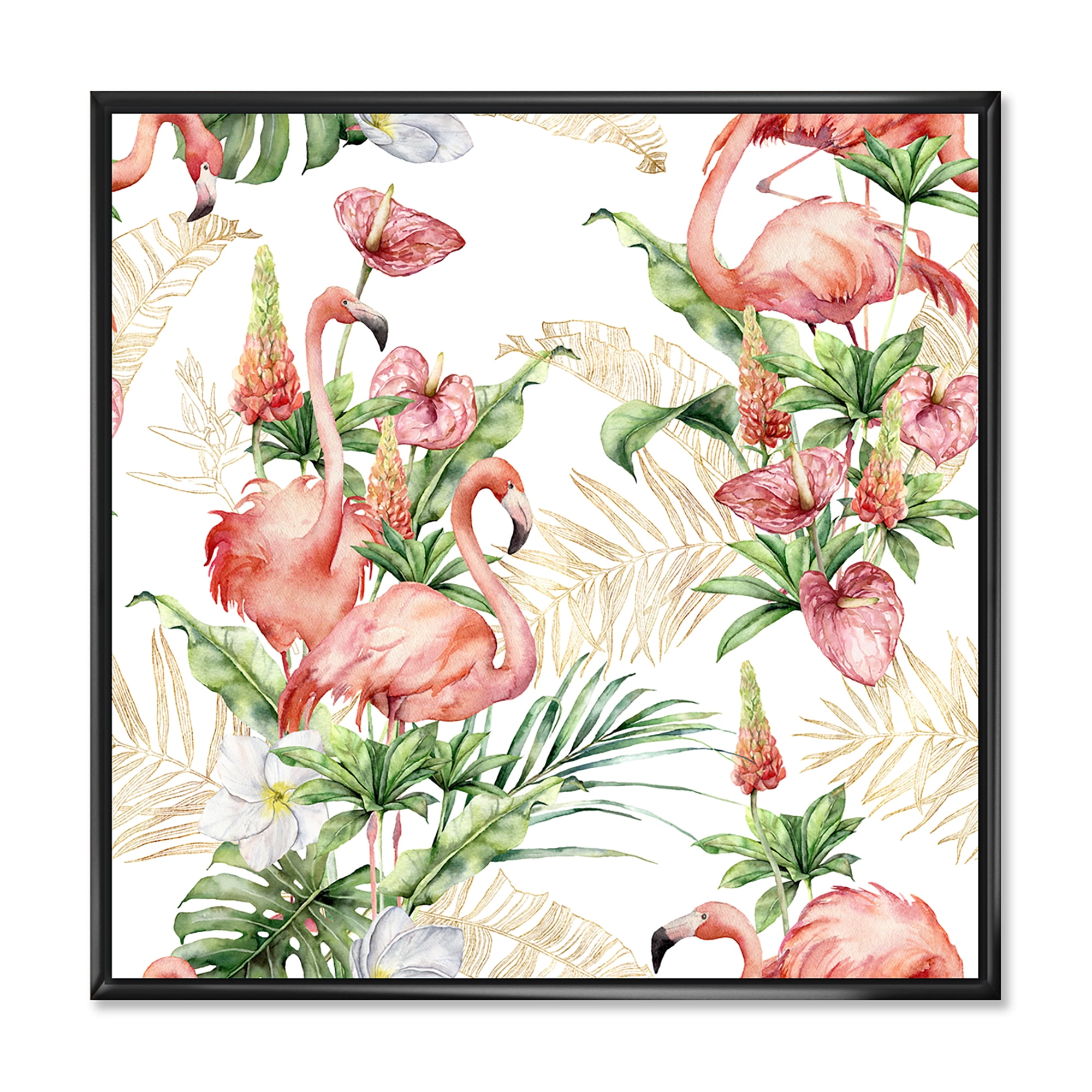 Tropical Flowers & Gold Leaves With Pink Flamingos 36 in x 36 in Framed Painting Canvas Art Print, by Designart