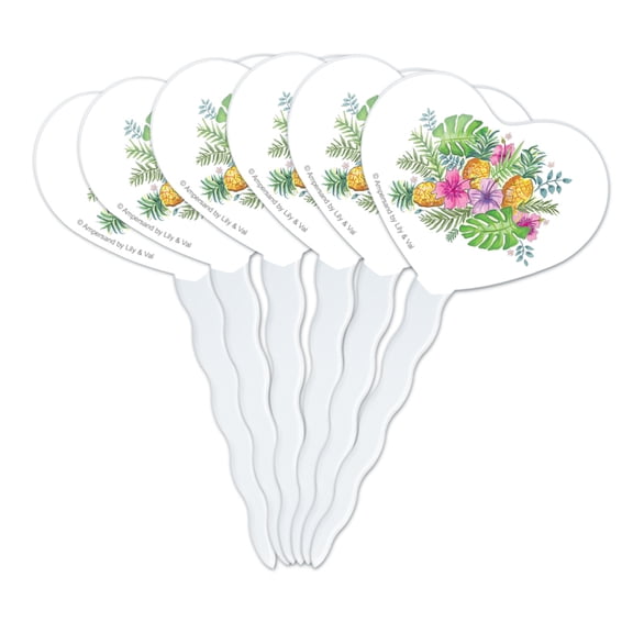 Tropical Flowers Hibiscus Pineapple Palm Leaves Heart Love Cupcake Picks Toppers Decoration Set of 6