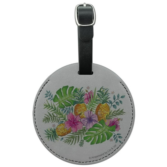 Tropical Flowers Hibiscus Pineapple Palm Leaves Round Leather Luggage Card Suitcase Carry-On ID Tag