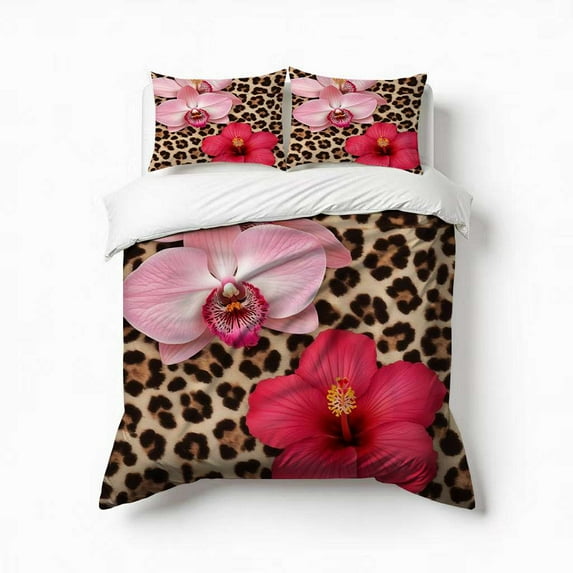 Tropical Flowers Leopard Print Background Bedding Set 3 Pcs Soft Microfiber Quilt Cover For Bedroom Decor, Comforter Cover With 2 Pillowcase