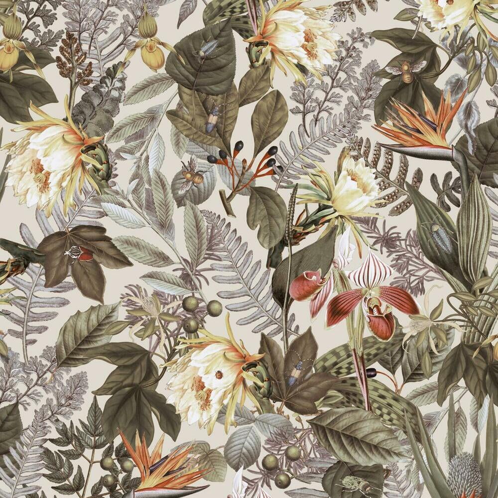 Beige and Green Vinyl Tropical Floral Peel and Stick Wallpaper Roll