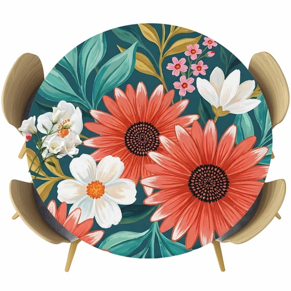 Tropical Flowers Round Tablecloth 36-44 Inch Round Fitted Table Cloth with Elastic Edge, White Magnolias Red Floral Green Leaf Waterproof Table Cover Protector for Outdoor Picnic Party Dining