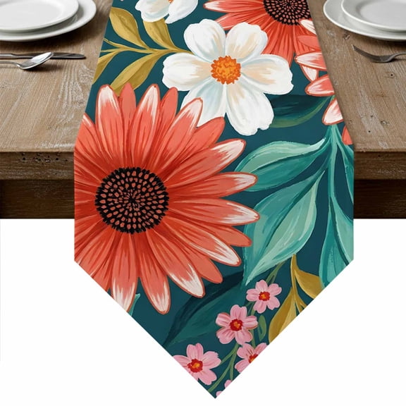 Tropical Flowers Table Runner Linen Burlap Table Runner 36 Inches Small White Magnolias Red Floral Green Leaf Dresser Scarves for Kitchen Island Coffee Dining Room Party Wedding Holiday Decor 13"x36"