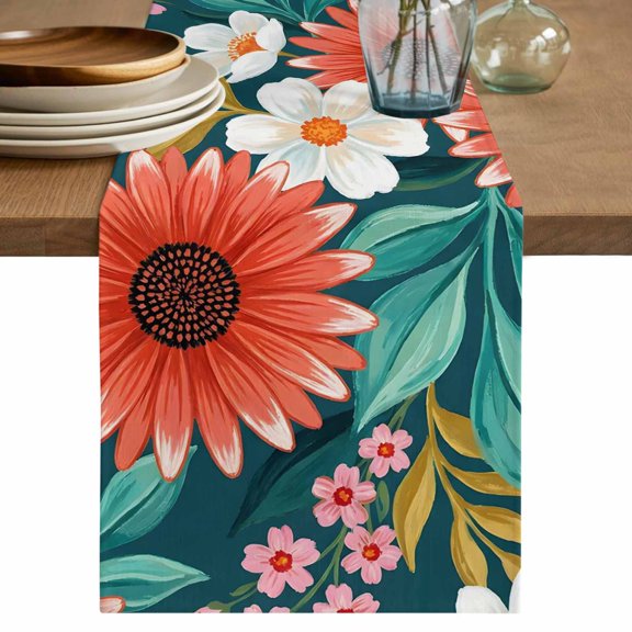 Tropical Flowers Table Runner, White Magnolias Red Floral Green Leaf Washable Cotton Linen Table Runners 36 Inches Long, Dresser Scarf Runner for Nightstand/End Tables/Round Tables 13''x36''