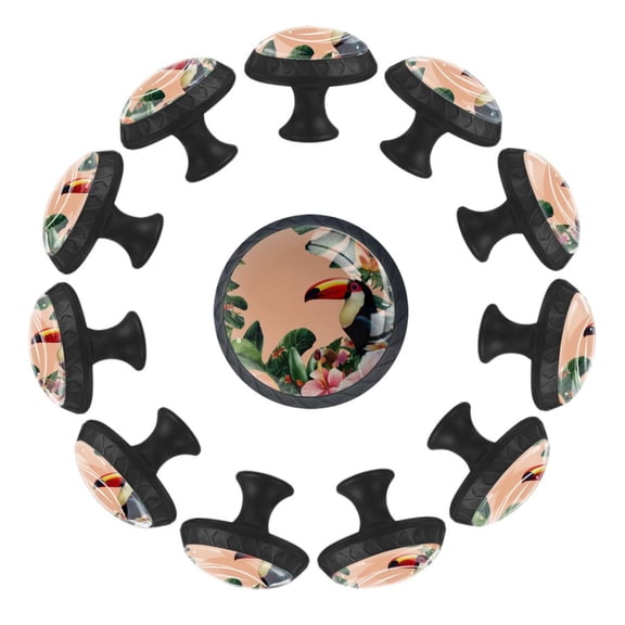 Tropical Flowers with Toucan and Papaya 35MM Round Glass Cabinet Knobs, Kitchen Knobs for Drawer Dresser Cupboard Wardrobe Modern Pulls Handles Hardware, Set of 12