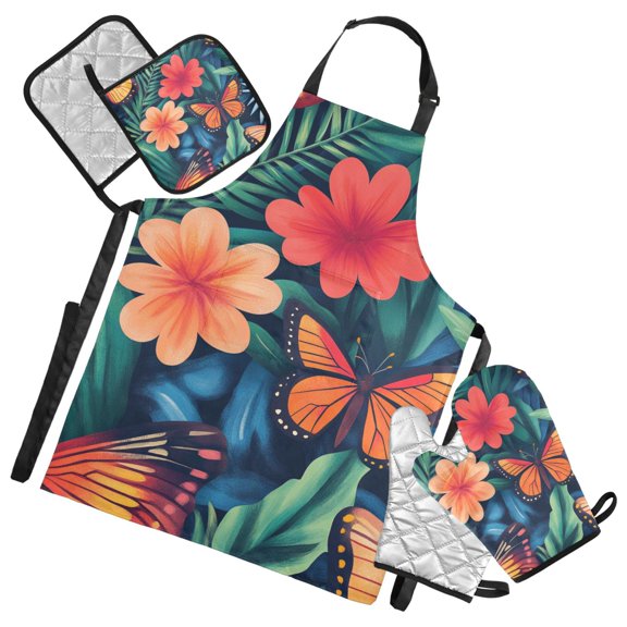 Tropical Flowers and Butterflies Oven Mitts and Pot Holders with Chef Apron Set 5 Pcs Kitchen Cooking Set