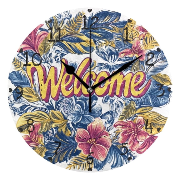 Tropical Flowers and Foliage Round Wall Clock Silent Battery Operated Home Decor for Living Room Bedroom