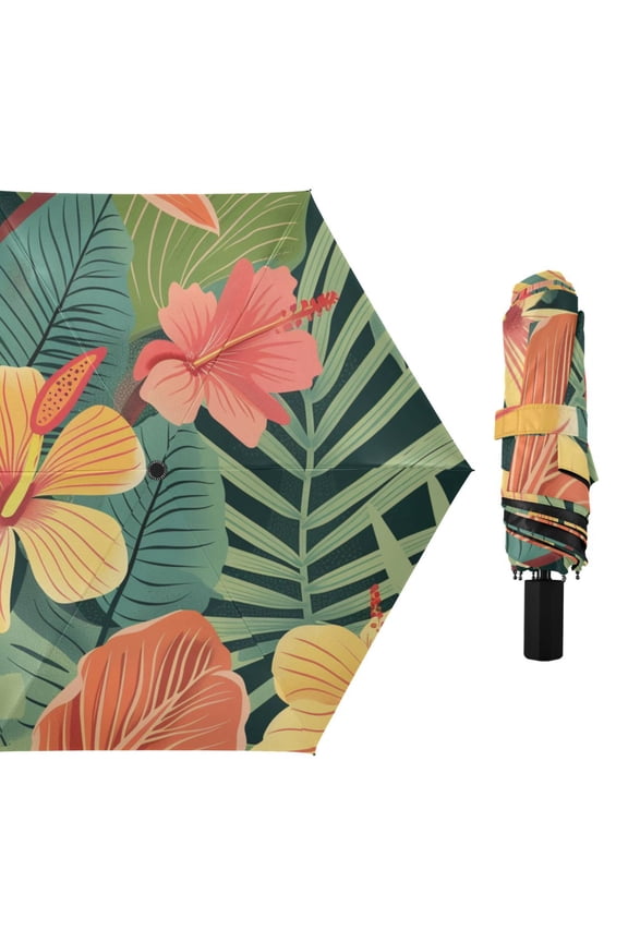 Tropical Flowers and Leaves All Weather Umbrella Triple Folding Parasol 6 Ribs UV Protection Portable