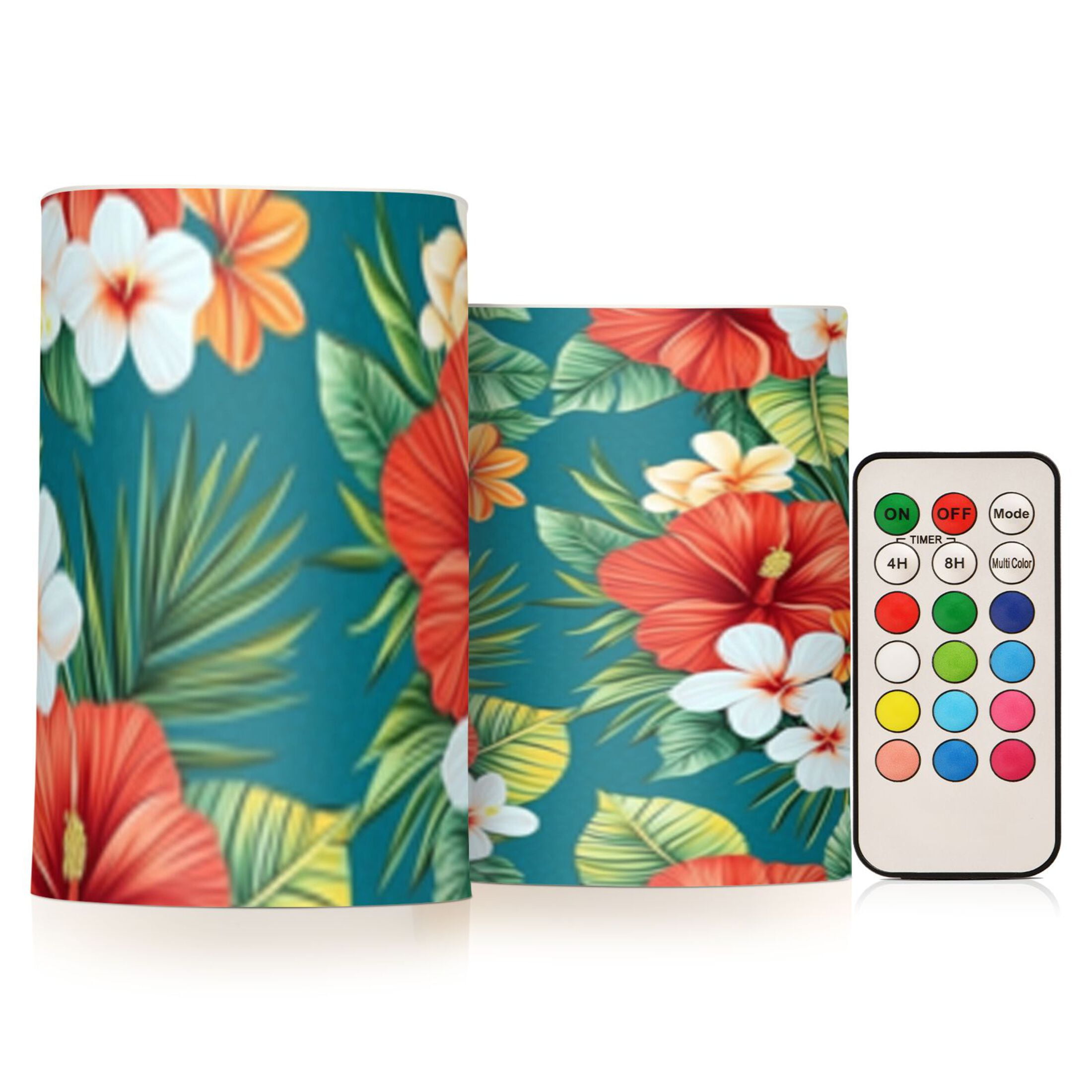 Tropical Flowers with Hibiscus Flickering Flameless Candles Battery Operated with Remote Timer LED Pillar Candles Set of 2