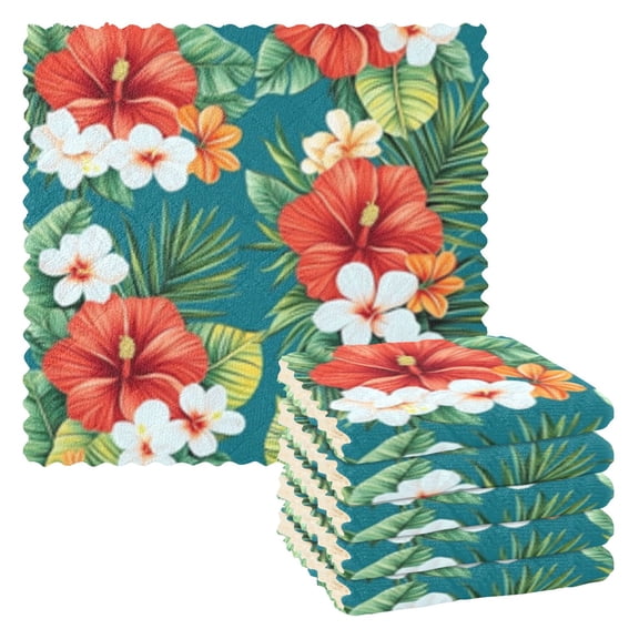 Tropical Flowers with Hibiscus Kitchen Cloth Dish Towels for Drying Washing Absorbent Dish Rags Reusable soft kitchen dishcloth set 6 Pack