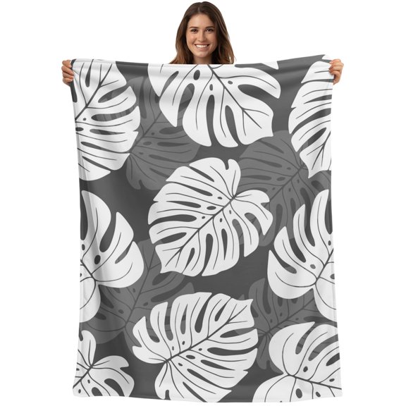 Tropical Foliage Blanket Soft Cozy Warm Throw Blanket for Couch, Plush Fuzzy Flannel Blankets for Sofa, Summer Botanical Monstera Leaves Black Bed Blankets Lightweight Gifts for Women, 30"x40"