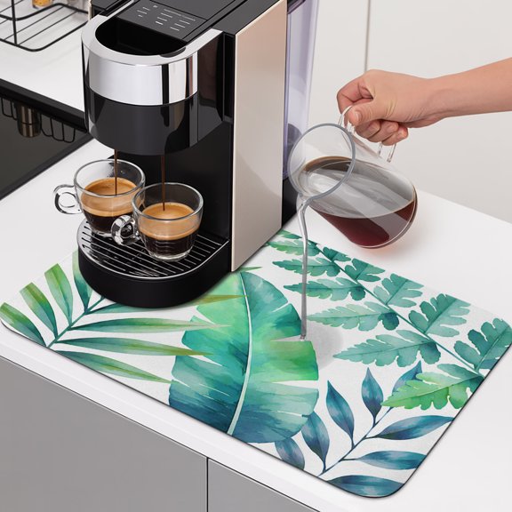 Tropical Foliage Dish Drying Mats for Kitchen Counter, Summer Monstera Fern Palm Leaves Green Absorbent Coffee Bar Mat with Non-slip Rubber Backed Quick Drying Dish Rack Pad 12"x16"