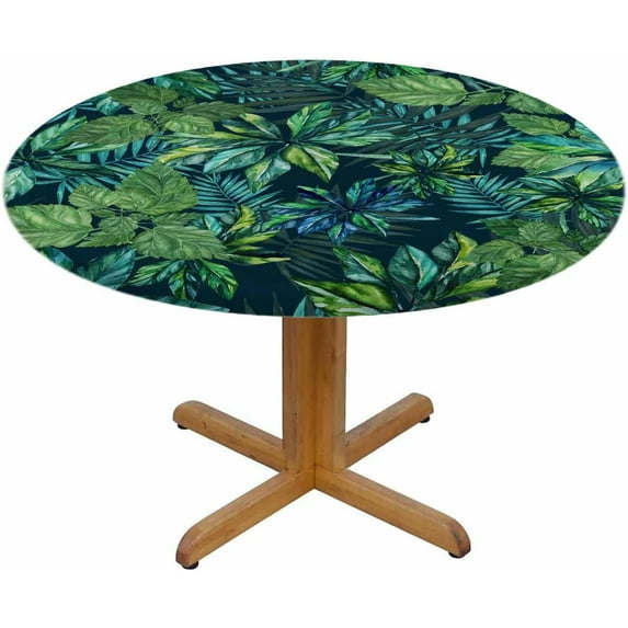 Tropical Foliage Round Tablecloth Dark Blue Watercolor Leaves Waterproof Oil-Proof Table Cover Table Cloth for Indoor Dining, Outdoor Picnic Parties, Camping,Fits for Table 40-44" Inches