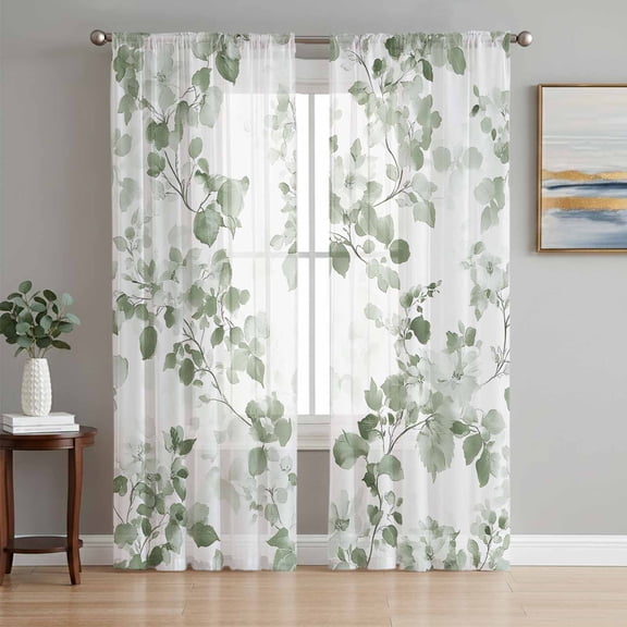 Tropical Foliage Sheer Curtains 63 Inch Length 2 Panels Set, Sage Green Botanical Spring Summer Voile Window Treatment Rod Pocket Curtains Sheers Drapes for Bedroom/Living Room/Kitchen 52x"63"x2