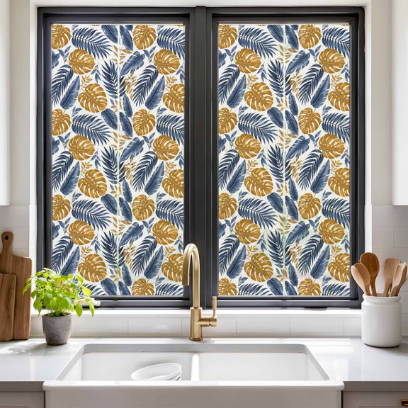 Tropical Foliage Window Privacy Film Navy Blue Palm Frond Mustard Monstera Leaf Coastal Non Adhesive Window Cling Stickers Static Cling Glass Decals for Home Party Decoration 17.7 x 39.3 in