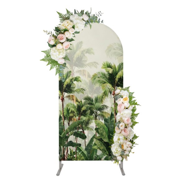 Tropical Forest Arch Backdrop Cover 4FT, Summer Botanical Palm Trees Banana Leaves Green Spandex Fitted Stretchy Arch Stand Covers, Round Top Chiara Backdrop Cover for Wedding Party Birthday