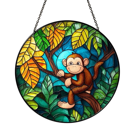 Tropical Forest Monkey Stained Glass Style Suncatcher Window Hanging Decor, Jungle Animal Window Ornament with Leaf Pattern Decorative Glass Art Panel for Nature Home Decor