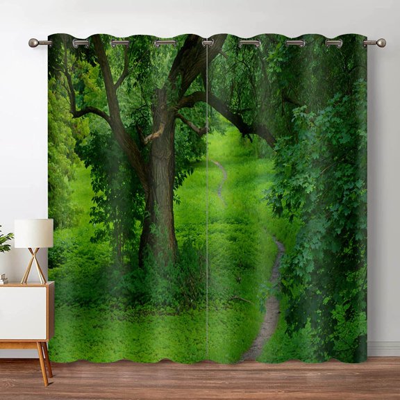 Tropical Forest Natural Scenery Jungle Blackout Curtain Green Trees Deep Forest Bedroom Waterfall Left and Right Biparting Open