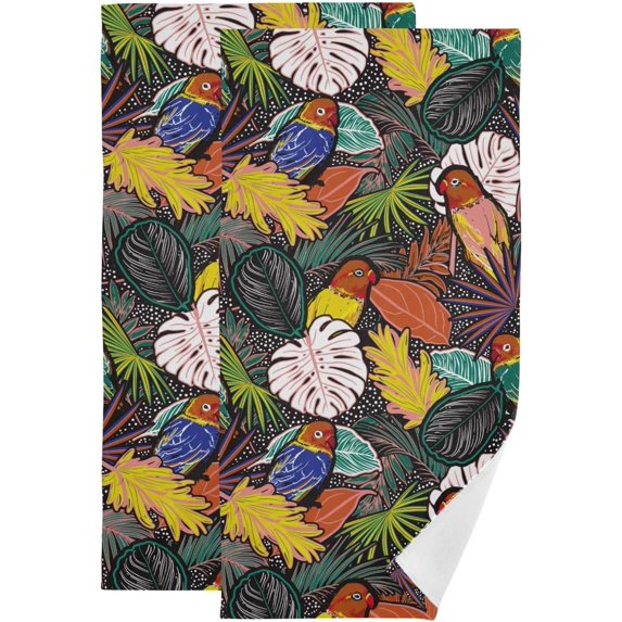 Tropical Forest Parrot Birds Kitchen Hand Towels, Summer Seamless Pattern Fingertip Bath Towels Ultra Soft and Absorbent , Decorative Face Towels Dish Washcloths, 2 PCS, 28.3"x 14.4"