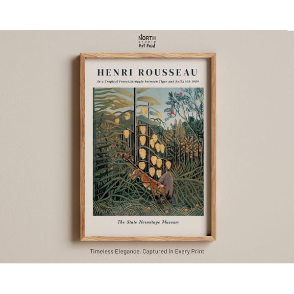 In A Tropical Forest Print, Henri Rousseau 1908 Jungle Print, Tiger And Bull, Bold Exotic Animal Wall Decor, Primitive Lush Forest Scene Wall Art, Modern Wall Decor, 12x18 UNFRAMED