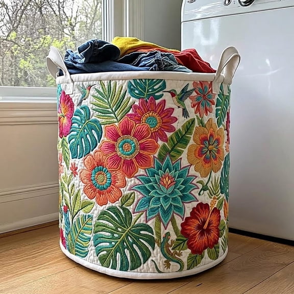 Tropical Forest Quilted Laundry Basket: Wild Beach Design Storage Hamper