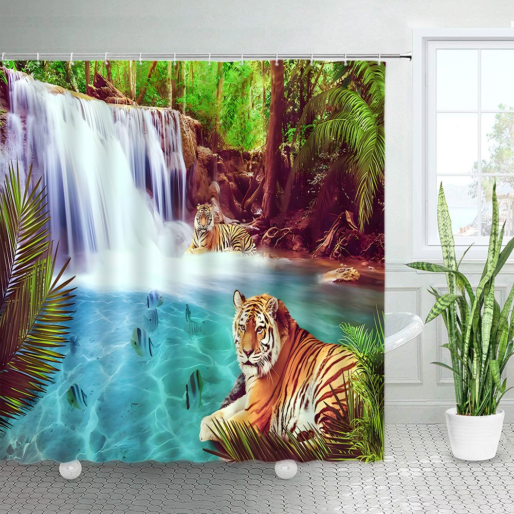 Tropical Forest Shower Curtain Wildlife Leopard Tiger Waterfall Palm