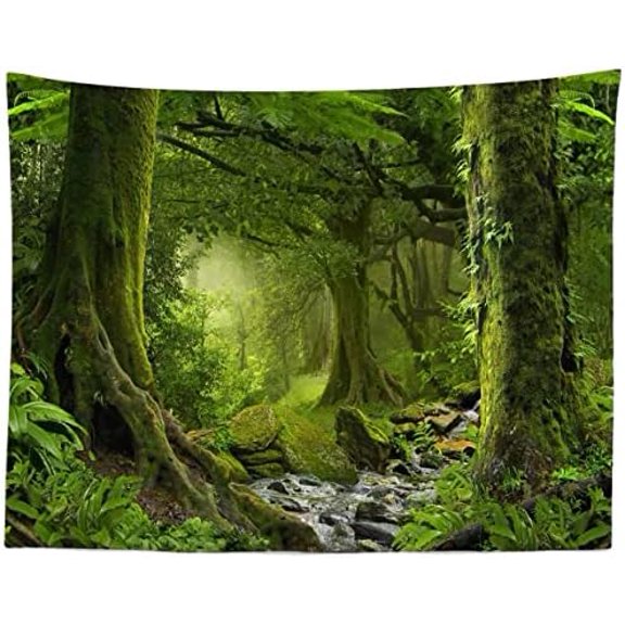 Tropical Forest Tapestry Backdrop Jungle Forest Natural Scenery Tapestry Wall Hanging Stream Through Rainforest Trees Landscape Psychedelic Tapestry for Bedroom Living Room Dorm Decor