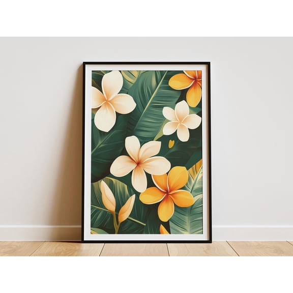 Tropical Frangipani Flower Poster Beach House Decor Botanical Wall Art Modern Tropical Print Summer Vibes Orange and White Flowers Plumeria