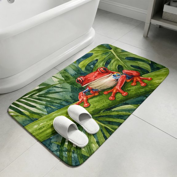 Tropical Frog Bathroom Rugs Non Slip Washable Bath Mat Absorbent Low Pile Front Door Mat Summer Coastal Palm Leaves Rainforest Indoor Doormat for Kitchen Entryway Shower Decor Accessories 15.7"x23.6"