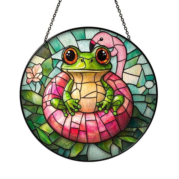 Tropical Frog and Flamingo Pool Float Stained Glass Style Window Suncatcher Hanging Decor, Summer Decorative Acrylic Panel Ornament for Poolside Window Art and Tropical Home Decoration