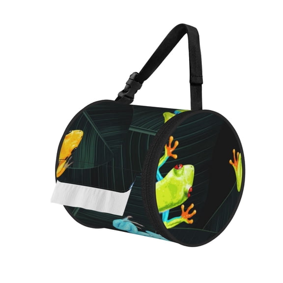 Tropical Frogs Palm Leaf Portable Cylinder Toilet Paper Holder Tissue Dispenser Hanging Storage Bag with Strap