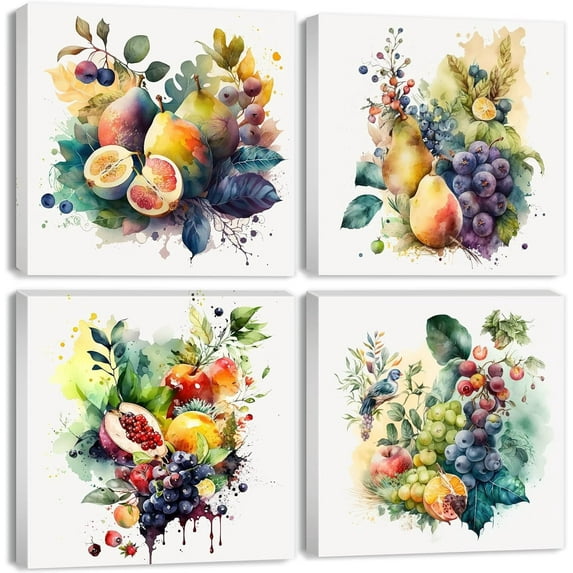 Tropical Fruit Canvas Wall Art Vintage Farmhouse Kitchen Dining Room Decor 16x16" 4 Pieces Boho Rustic Watercolor Grape Print Pictures Colorful Fresh Food Poster Artwork for Restaurant Bar Decoration