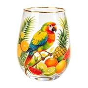Tropical Fruit Cocktail Glass | Parrot Design Drinking Glass | Gold Rim Clear Glass Drinkware | Summer Drink Glassware for Home Gatherings