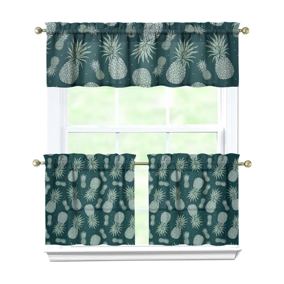 Tropical Fruit Kitchen Curtains 3 Pack - Pineapple Hawaiian Print, Golden Yellow Summer Pattern, Rod Pocket Short Curtains for Cafe Windows