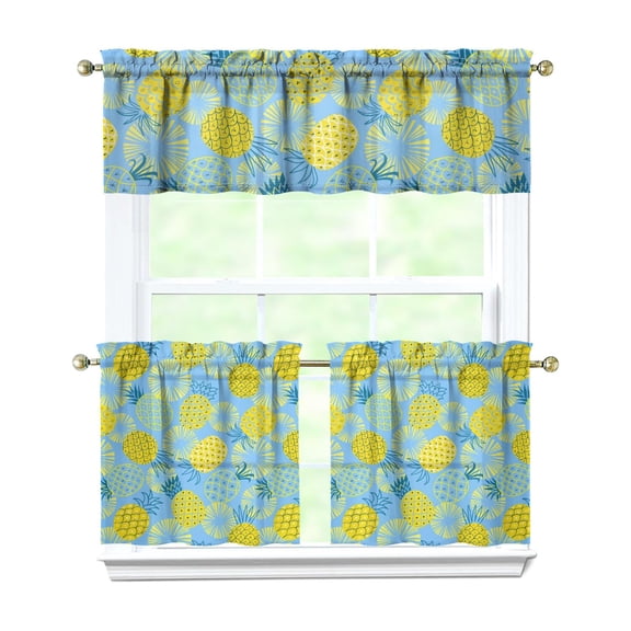 Tropical Fruit Kitchen Curtains 3 Pack - Pineapple Hawaiian Print, Golden Yellow Summer Pattern, Rod Pocket Short Curtains for Cafe Windows