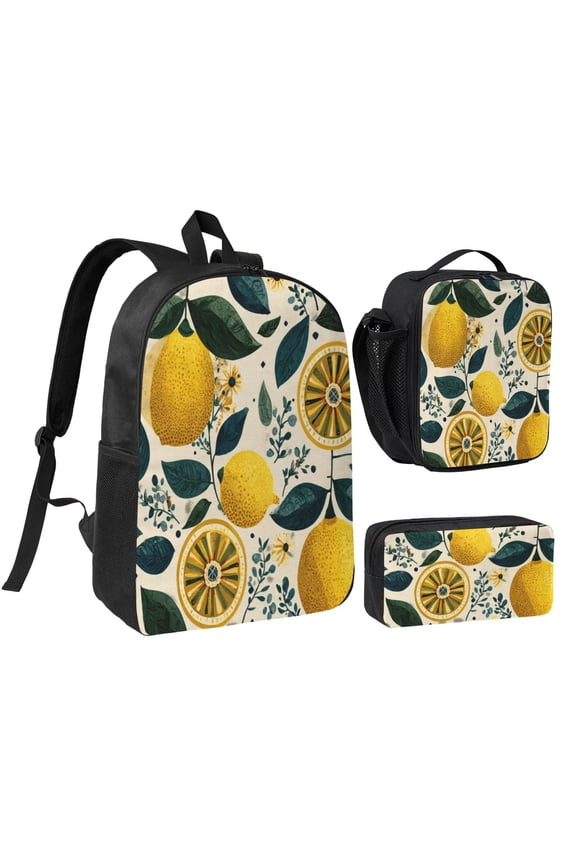 Tropical Fruit Lemon Backpack 17 Inch Set with Lunch Bag and CaseDurableTravel Bag Combo for Work Commuting Daily Use