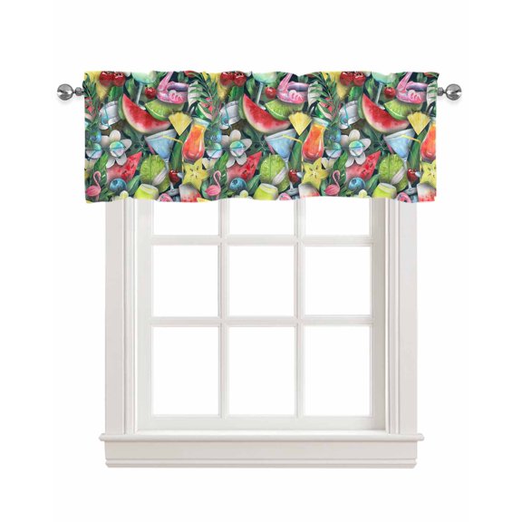 Tropical Fruit Linen Curtain Valance for Bedroom/Bathroom/Kitchen/Office/Living/Dining Room Windows,Green Palm Leaves Watermelon Rod Pocket Topper Drapes Decorative Cafe Drapery Panel 54x18