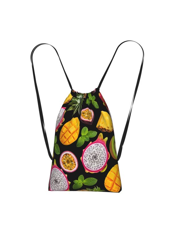 Tropical Fruit Medley Pattern Packable Drawstring Backpack, Lightweight Foldable Cinch Storage Bag for Gym Travel Shopping
