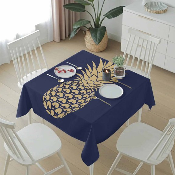 Tropical Fruit Pineapple Table Cloth 54x54in, Waterproof Square Tablecloth Wipeable Tablecloths Abstract Yellow Pattern on Navy Blue Table Covers for Dining Tables Party Indoor Outdoor