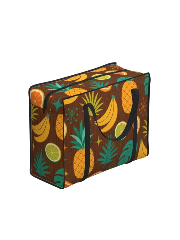 Tropical Fruit & Pineapple Tiki Style Large Reusable Shopping Bag with Zipper Foldable Tote Grocery Bag for Shopping, Travel, Beach, Picnic